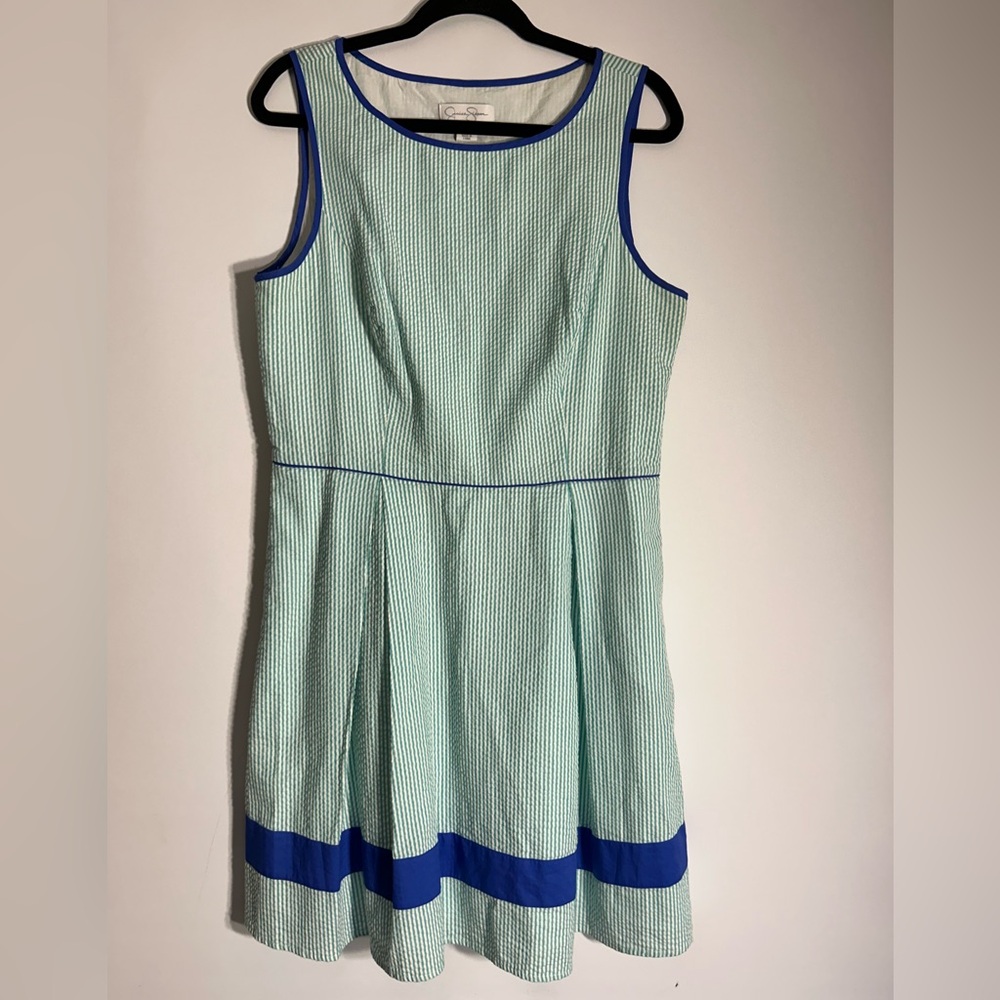JESSICA SIMPSON SEERSUCKER A-LINE BLUE/GREEN/WHITE STRIPED SLEEVELESS DRESS 14
